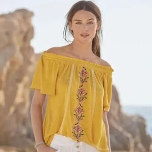 Sundance Dancing Garden Top L Yellow Linen Embroidered Floral Off‎ The Shoulder